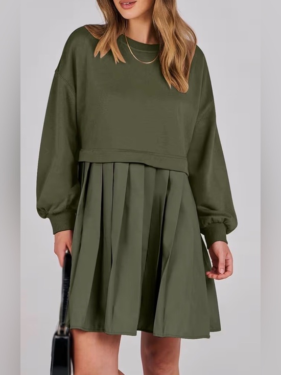 No Brand Dresses & Skirts - Olive Green Pleated Oversized Sweatshirt Dress